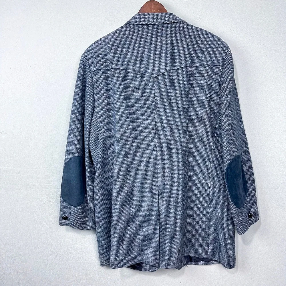 Vintage 70s 80s Lasso Western Blazer Size 44L Blue‎ Tweed Elbow Patches Cheyenne